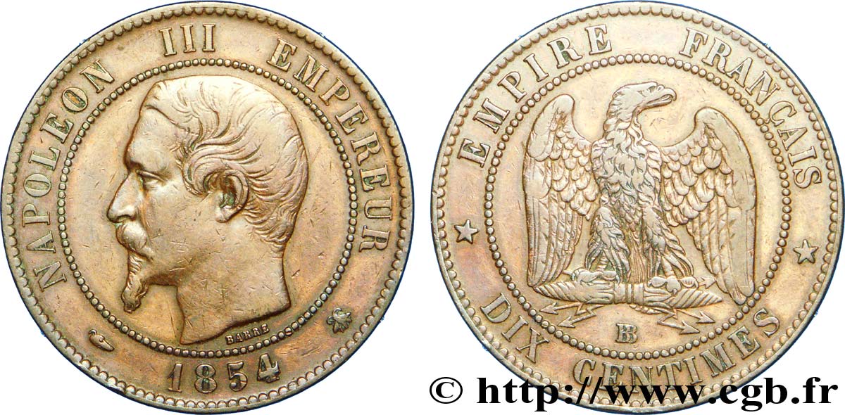 Dix centimes Napoléon III, tête nue, grande abeille 1854 Strasbourg F.133/14 TTB 