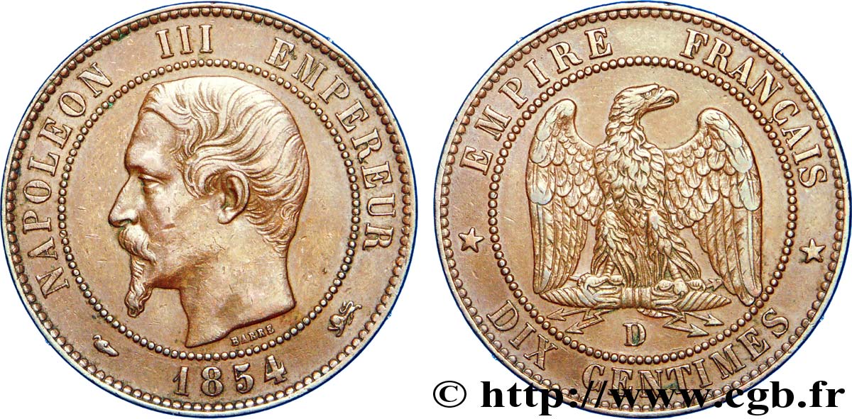 Dix centimes Napoléon III, tête nue 1854 Lyon F.133/15 SS 