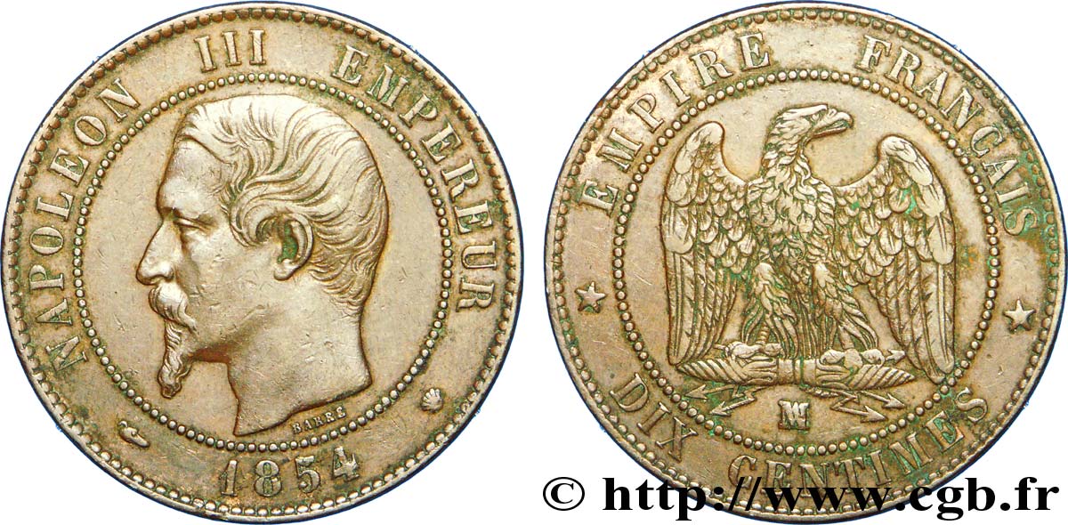 Dix centimes Napoléon III, tête nue 1854 Marseille F.133/17 BB 