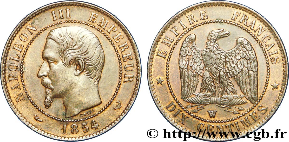 Dix centimes Napoléon III, tête nue 1854 Lille F.133/18 BB 