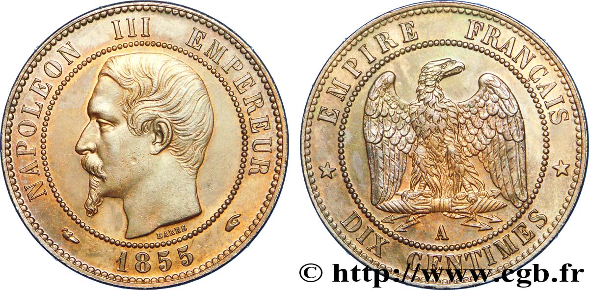 Dix centimes Napoléon III, tête nue, différent levrette 1855 Paris F.133/19 VZ 
