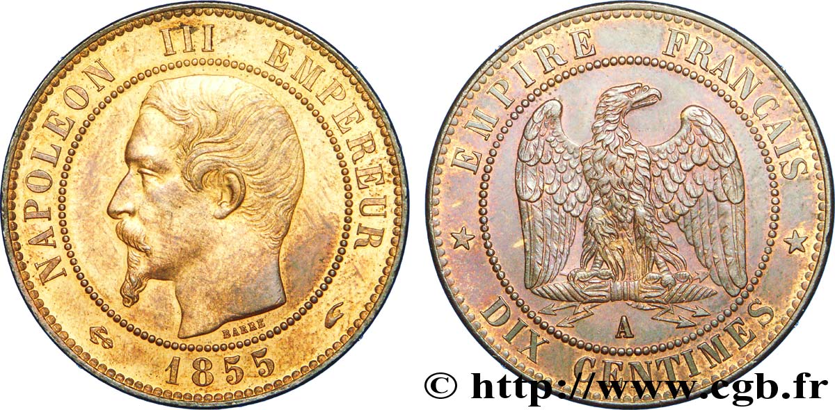 Dix centimes Napoléon III, tête nue, différent ancre 1855 Paris F.133/20 MBC 