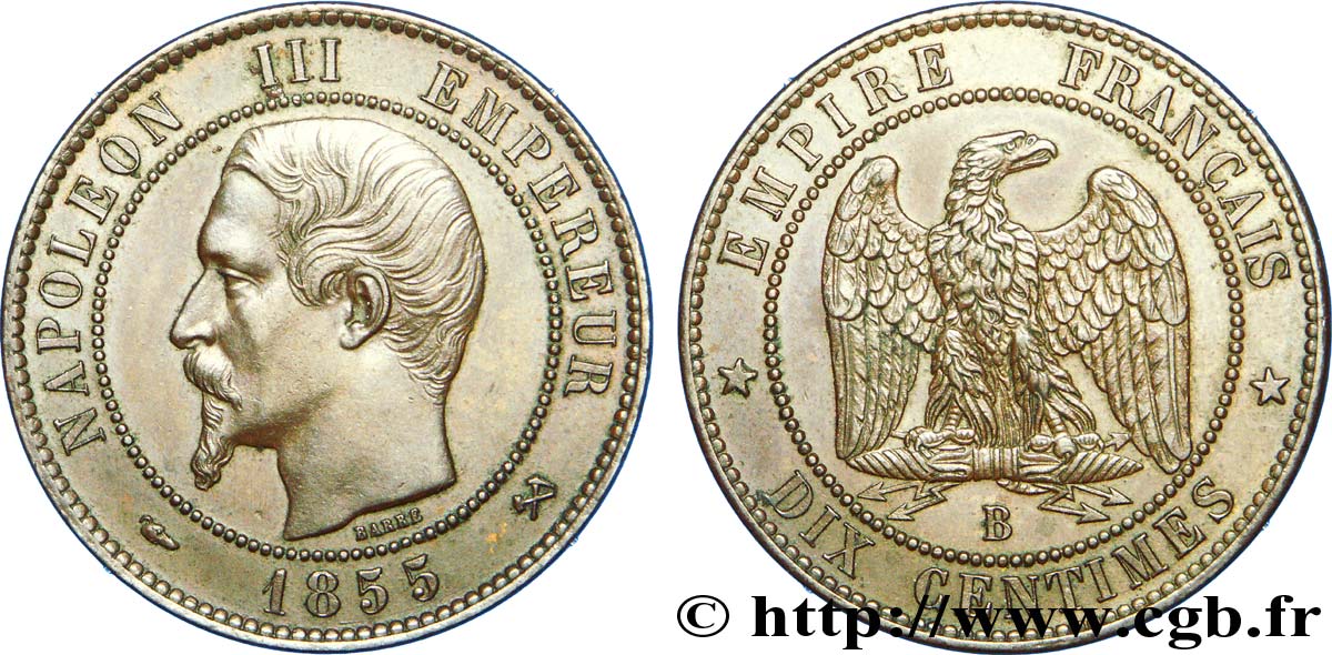 Dix centimes Napoléon III, tête nue, différent levrette 1855 Rouen F.133/21 MBC 