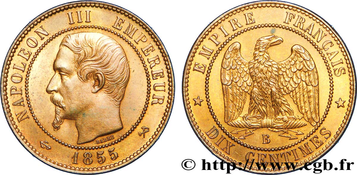 Dix centimes Napoléon III, tête nue, différent ancre 1855 Rouen F.133/22 SPL 