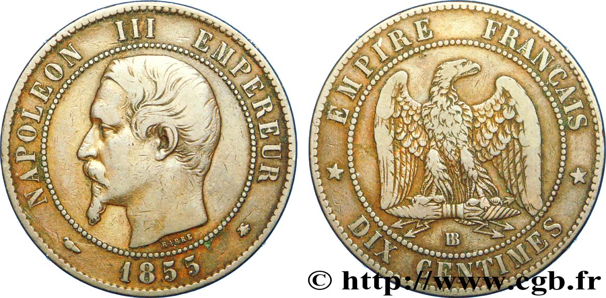 Dix centimes Napoléon III, tête nue, différent levrette 1855 Strasbourg F.133/23 MB 