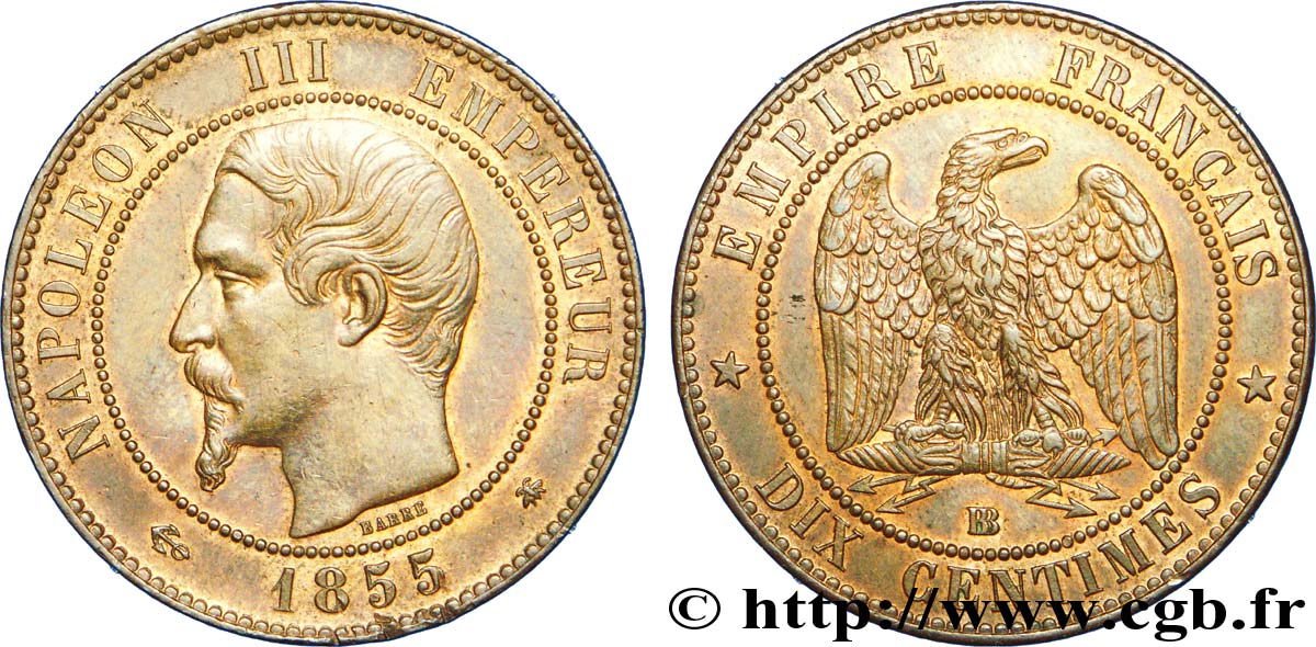 Dix centimes Napoléon III, tête nue, différent ancre 1855 Strasbourg F.133/24 SUP 