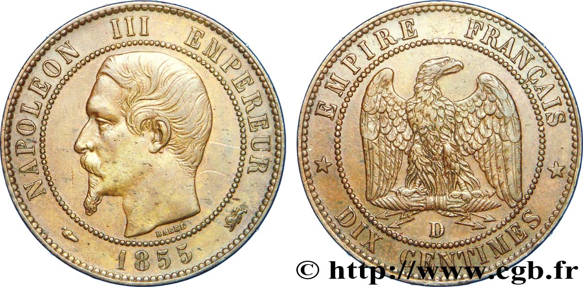 Dix centimes Napoléon III, tête nue, différent levrette 1855 Lyon F.133/25 BB 