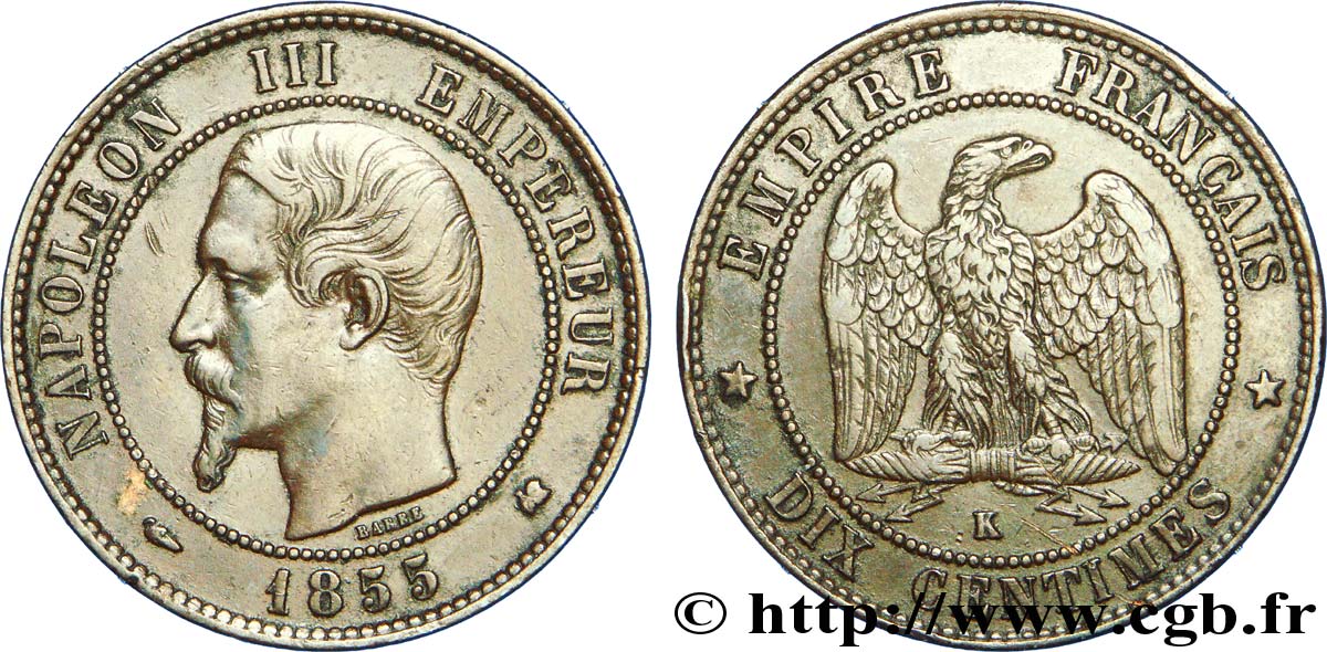 Dix centimes Napoléon III, tête nue, différent levrette 1855 Bordeaux F.133/27 TTB 