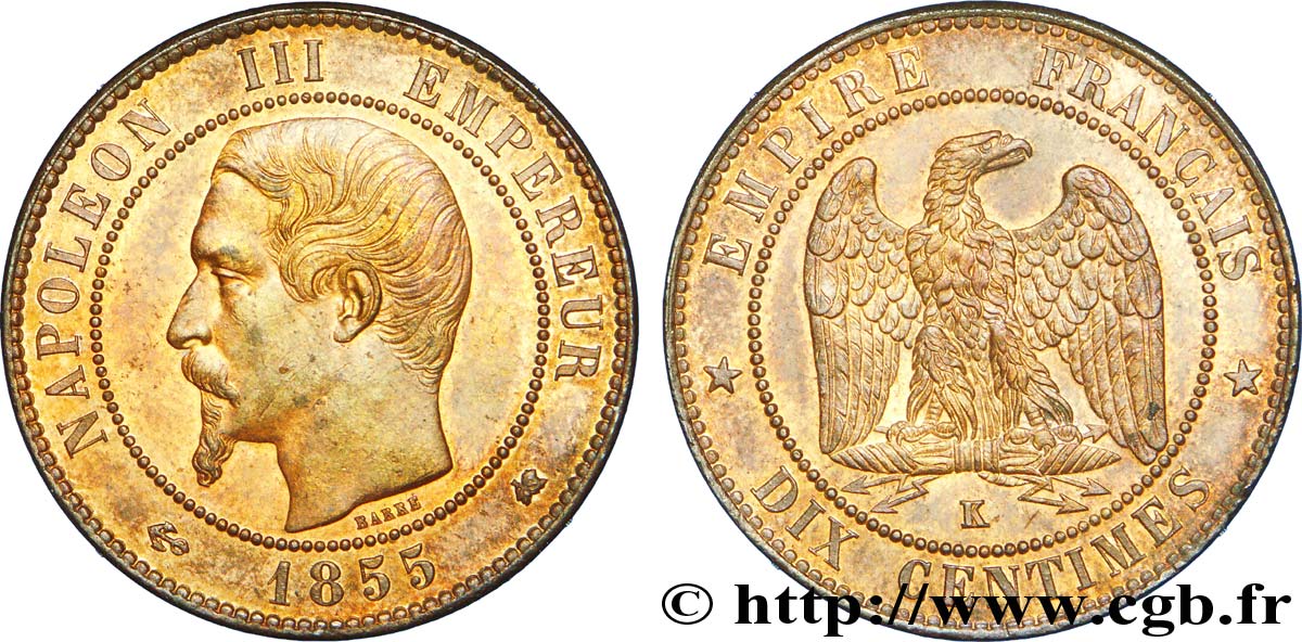 Dix centimes Napoléon III, tête nue, différent ancre 1855 Bordeaux F.133/29 VZ 