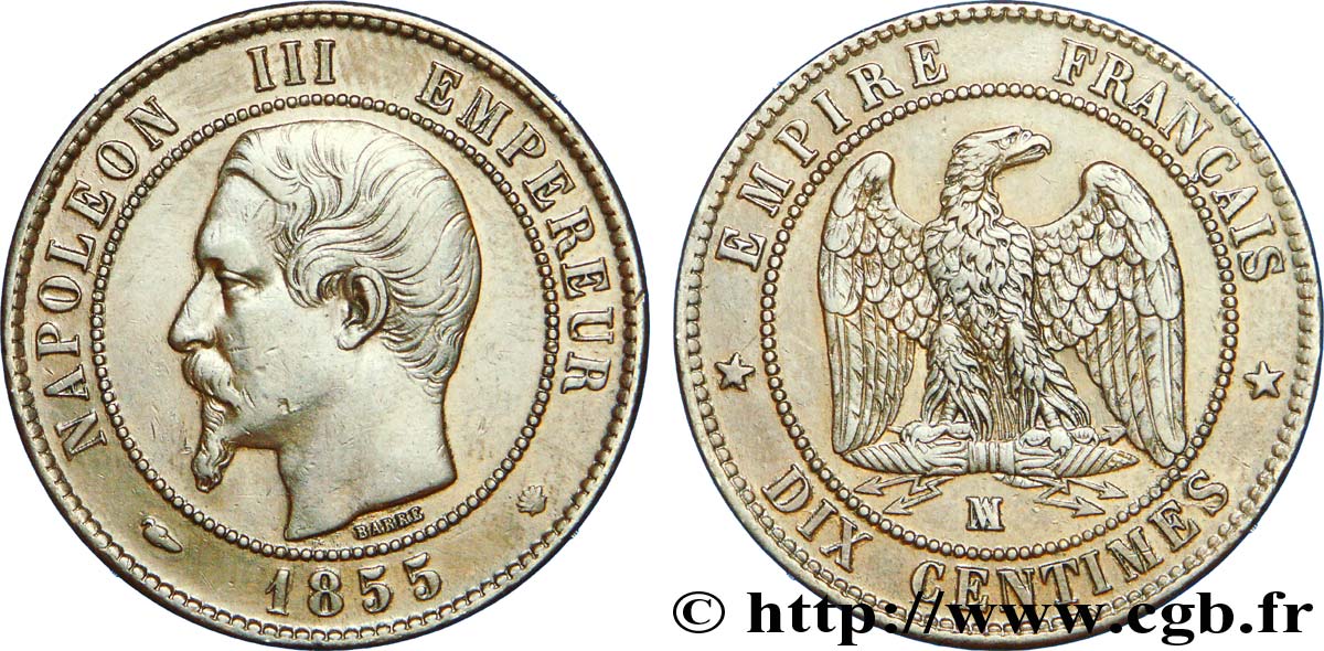 Dix centimes Napoléon III, tête nue, différent levrette 1855 Marseille F.133/30 MBC 