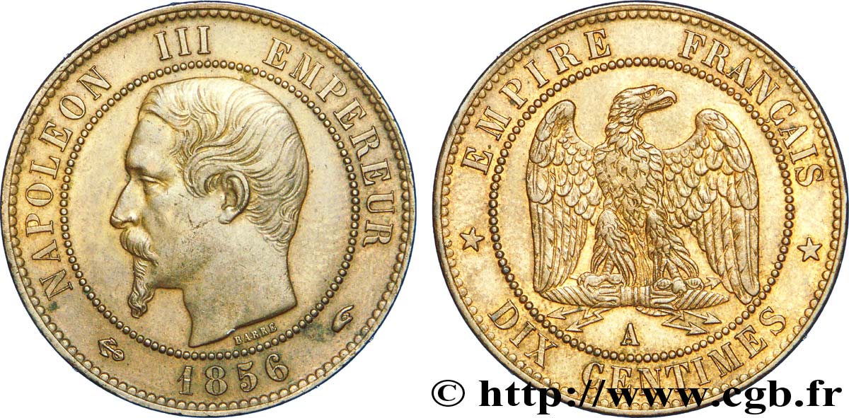 Dix centimes Napoléon III, tête nue 1856 Paris F.133/34 MBC 