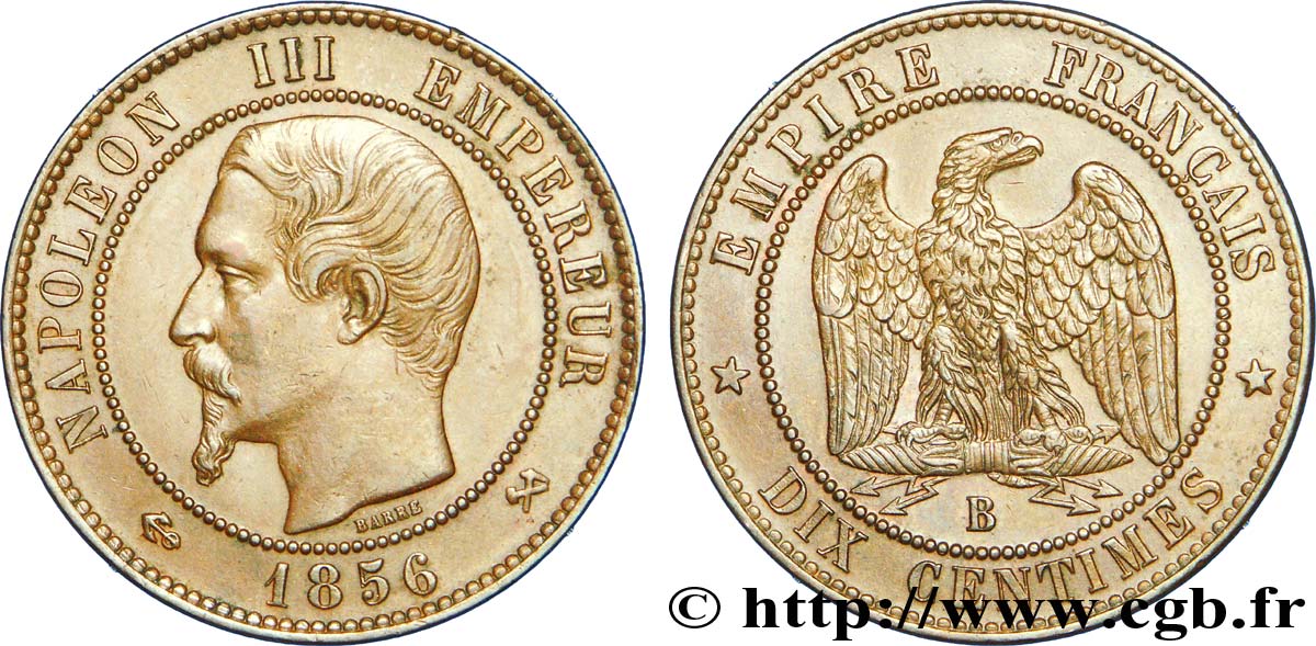 Dix centimes Napoléon III, tête nue 1856 Rouen F.133/35 XF 