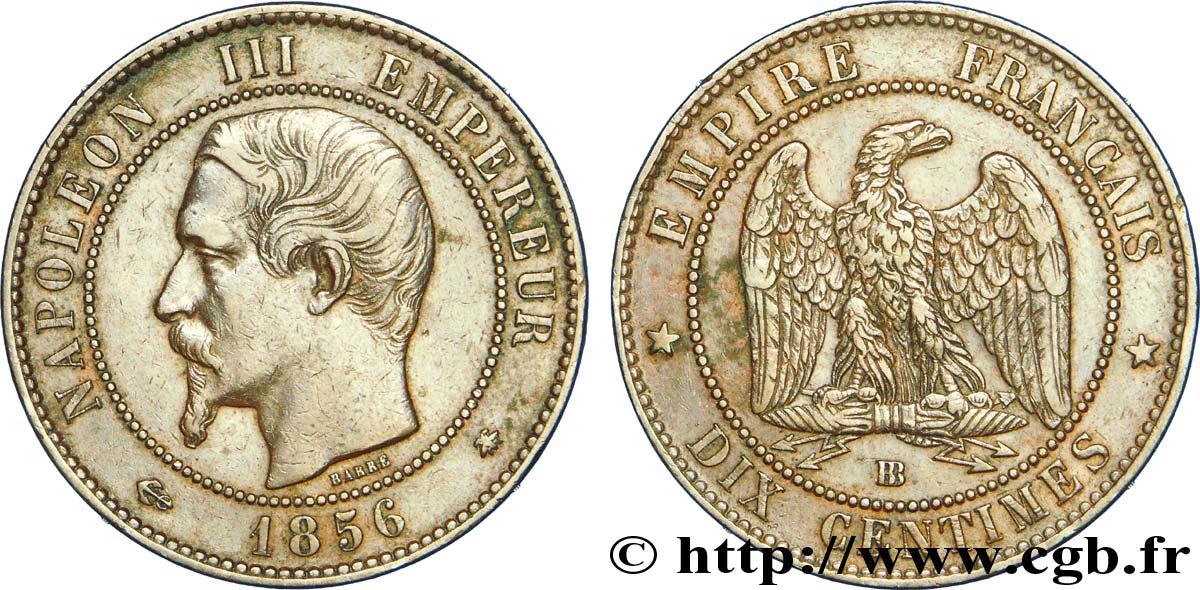 Dix centimes Napoléon III, tête nue 1856 Strasbourg F.133/36 XF 