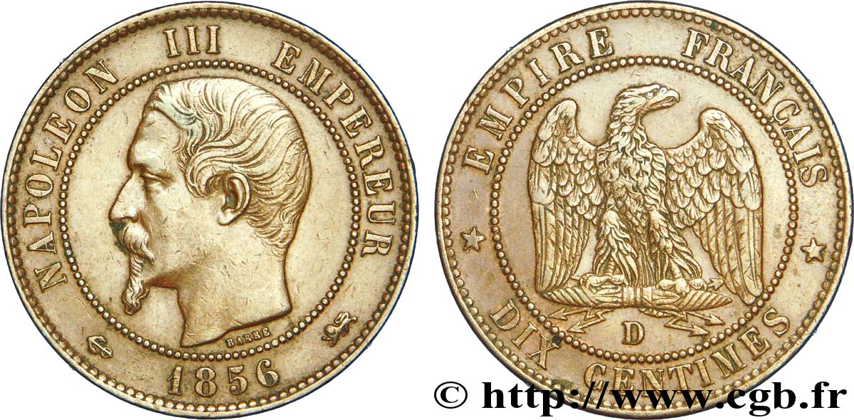 Dix centimes Napoléon III, tête nue 1856 Lyon F.133/37 MBC 