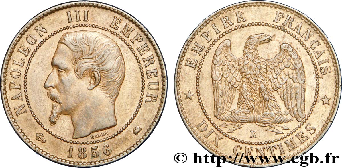 Dix centimes Napoléon III, tête nue 1856 Bordeaux F.133/38 BB 