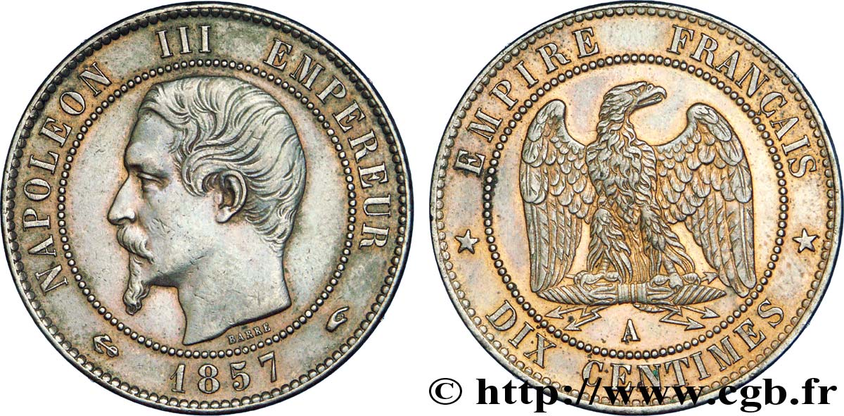 Dix centimes Napoléon III, tête nue 1857 Paris F.133/41 BB 