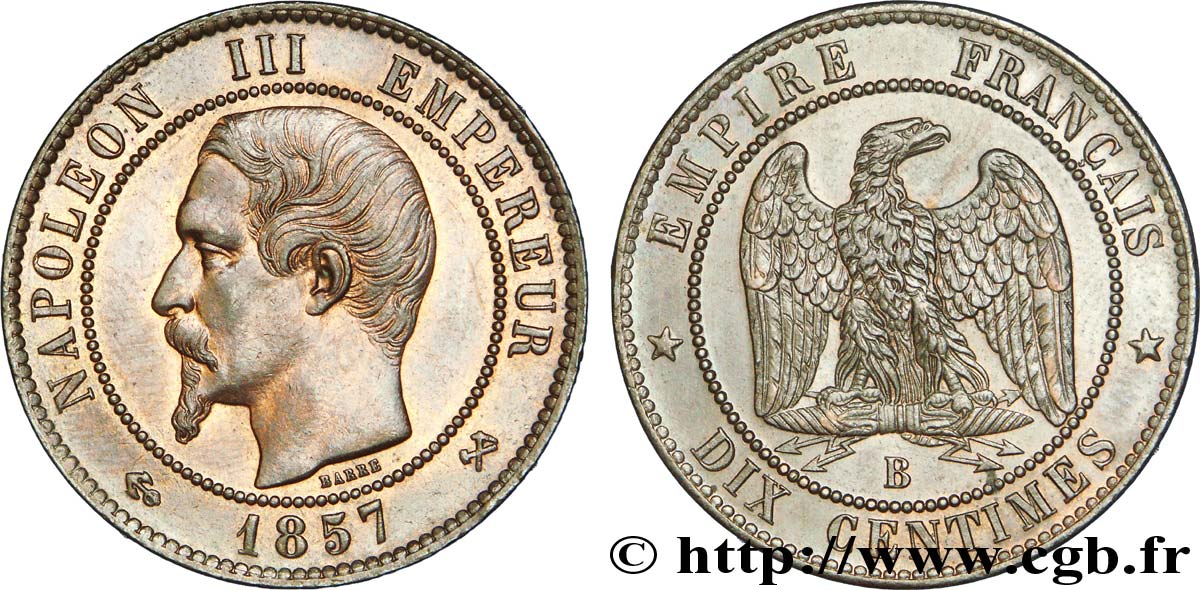Dix centimes Napoléon III, tête nue 1857 Rouen F.133/42 VZ 