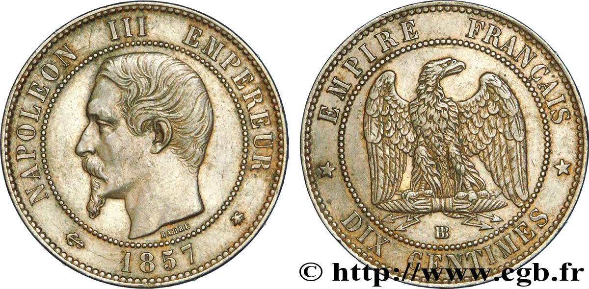 Dix centimes Napoléon III, tête nue 1857 Strasbourg F.133/43 XF 