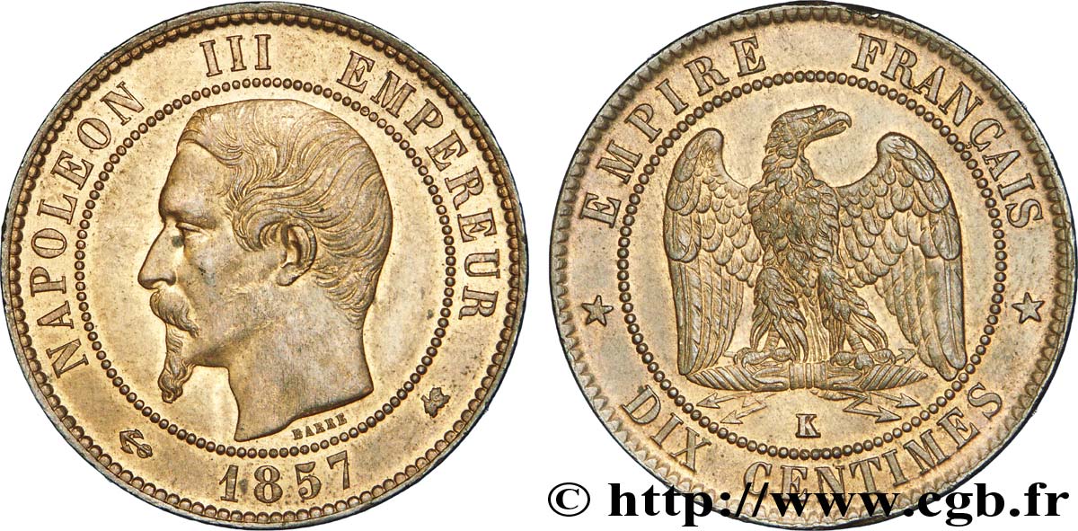 Dix centimes Napoléon III, tête nue 1857 Bordeaux F.133/44 VZ 