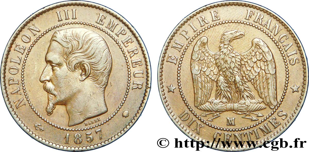 Dix centimes Napoléon III, tête nue 1857 Marseille F.133/45 MBC 
