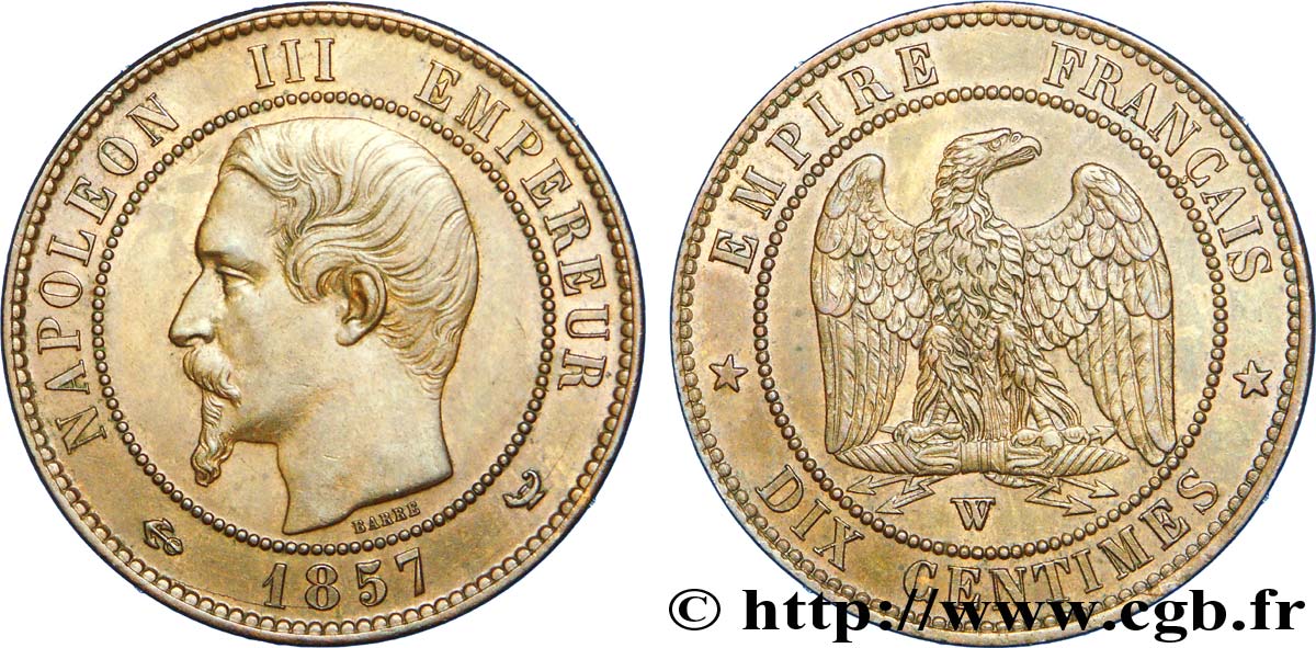 Dix centimes Napoléon III, tête nue 1857 Lille F.133/46 VZ 