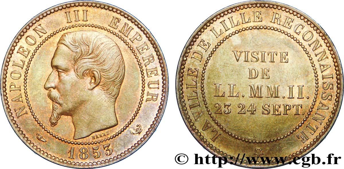 Module de Dix centimes Napoléon III, tête nue, Visite impériale à Lille les 23 et 24 septembre 1853 1853 Lille VG.3365  SPL 