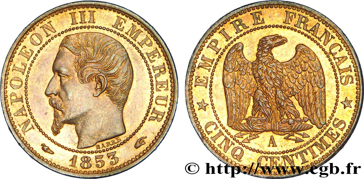 Cinq centimes Napoléon III, tête nue 1853 Paris F.116/1 SPL 