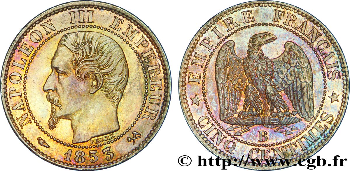 Cinq centimes Napoléon III, tête nue 1853 Rouen F.116/2 SPL 