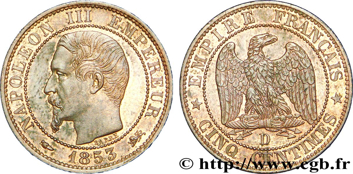 Cinq centimes Napoléon III, tête nue 1853 Lyon F.116/4 VZ 