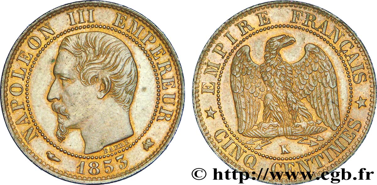 Cinq centimes Napoléon III, tête nue 1853 Bordeaux F.116/5 VZ 