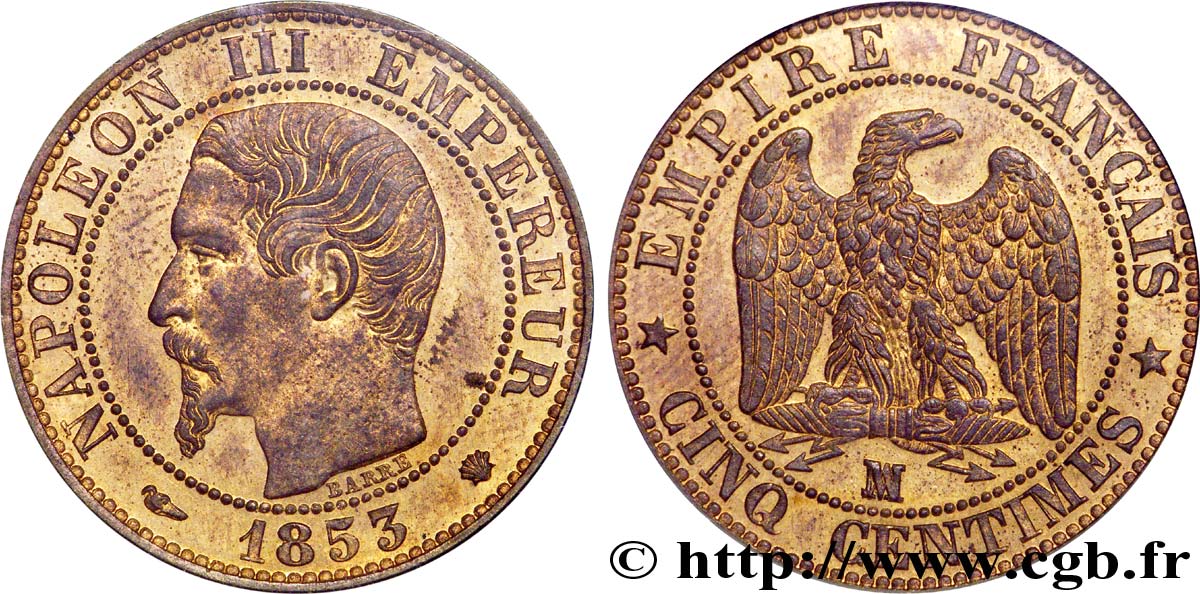 Cinq centimes Napoléon III, tête nue 1853 Marseille F.116/6 VZ 
