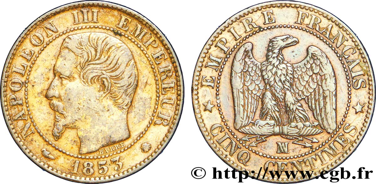 Cinq centimes Napoléon III, tête nue 1853 Marseille F.116/6 MBC 