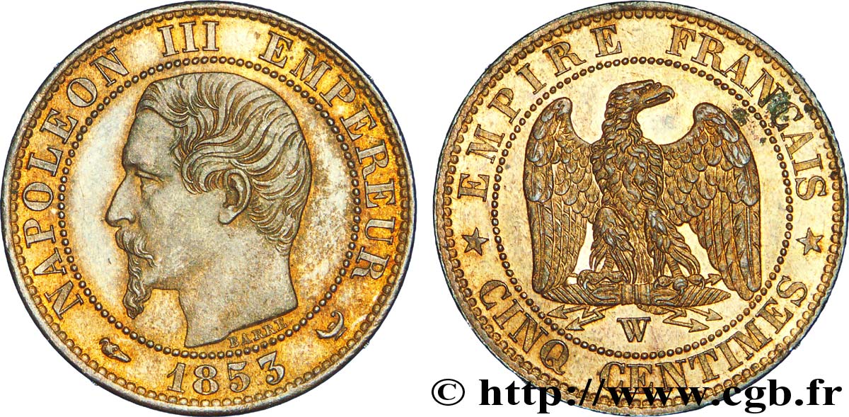 Cinq centimes Napoléon III, tête nue 1853 Lille F.116/7 EBC 