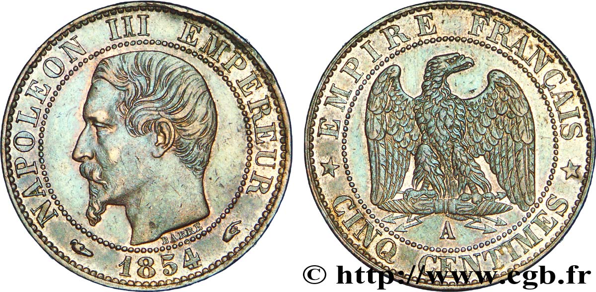 Cinq centimes Napoléon III, tête nue 1854 Paris F.116/8 VZ 