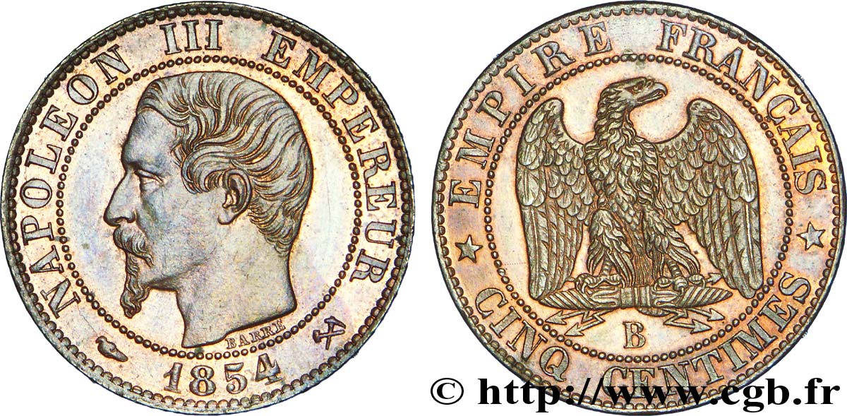 Cinq centimes Napoléon III, tête nue 1854 Rouen F.116/9 VZ 