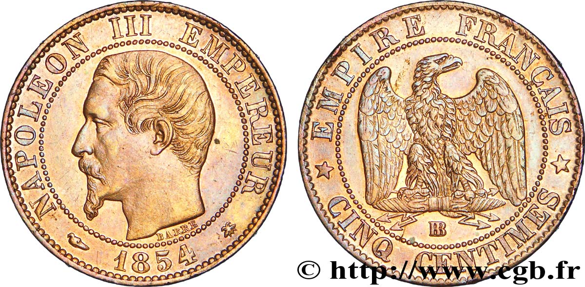 Cinq centimes Napoléon III, tête nue, petite abeille 1854 Strasbourg F.116/10 SS 
