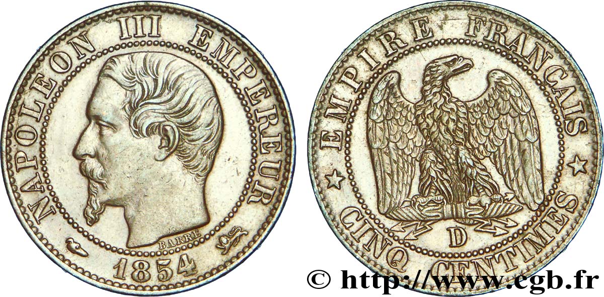 Cinq centimes Napoléon III, tête nue 1854 Lyon F.116/12 MBC 