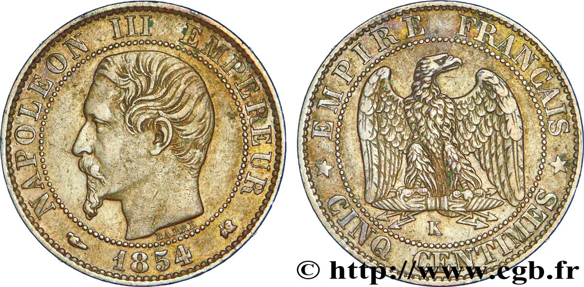 Cinq centimes Napoléon III, tête nue 1854 Bordeaux F.116/13 TTB 