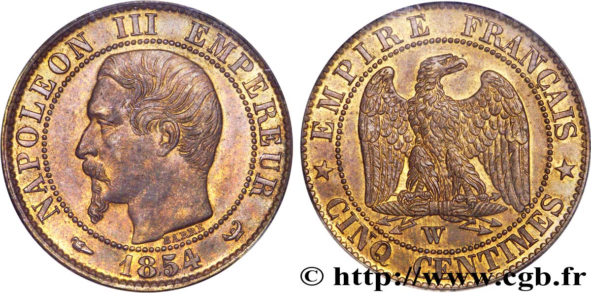 Cinq centimes Napoléon III, tête nue 1854 Lille F.116/15 fST 