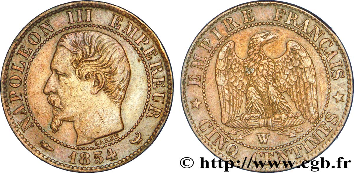 Cinq centimes Napoléon III, tête nue 1854 Lille F.116/15 XF 