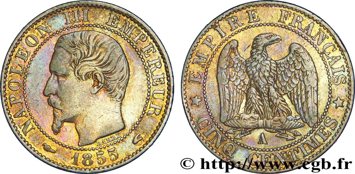 Cinq centimes Napoléon III, tête nue, différent levrette 1855 Paris F.116/16 BB 