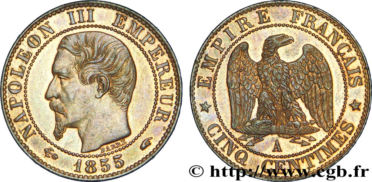 Cinq centimes Napoléon III, tête nue, différent ancre 1855 Paris F.116/17 VZ 
