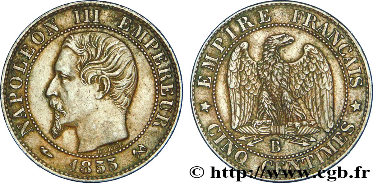 Cinq centimes Napoléon III, tête nue, différent levrette 1855 Rouen F.116/18 BB 