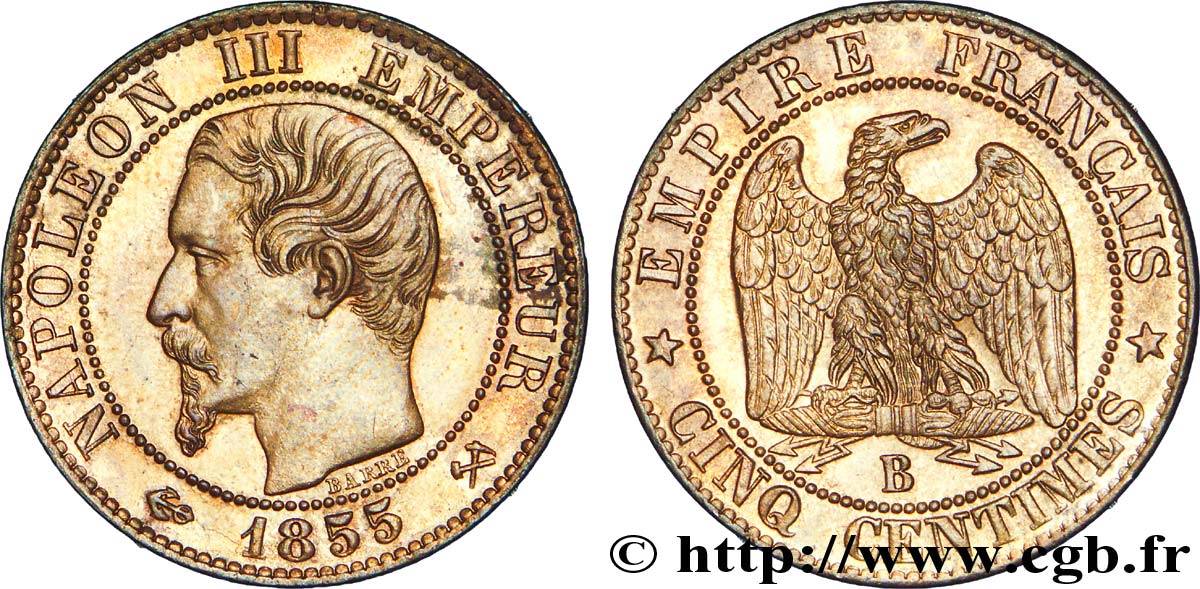 Cinq centimes Napoléon III, tête nue, différent ancre 1855 Rouen F.116/19 SPL 
