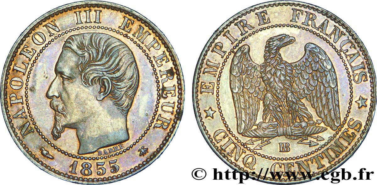 Cinq centimes Napoléon III, tête nue, différent levrette 1855 Strasbourg F.116/20 EBC 