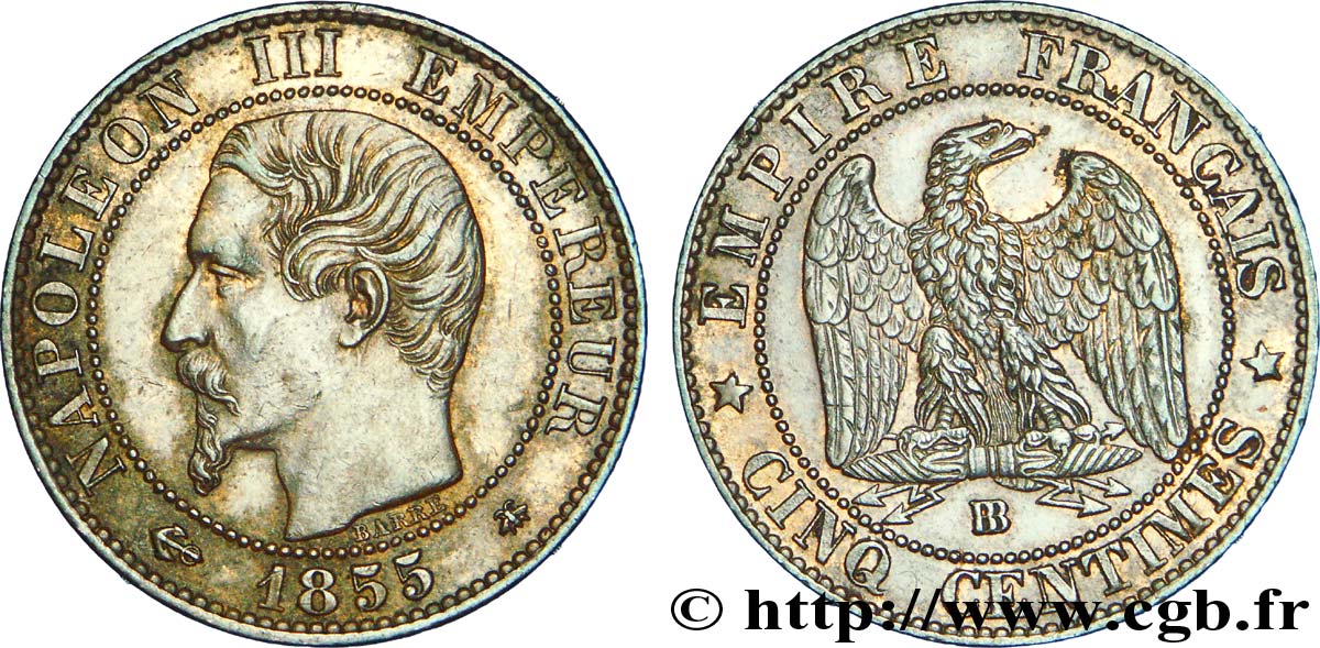 Cinq centimes Napoléon III, tête nue, différent ancre 1855 Strasbourg F.116/21 XF 