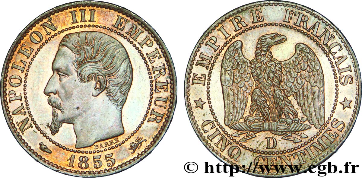 Cinq centimes Napoléon III, tête nue, différent levrette 1855 Lyon F.116/22 SUP 
