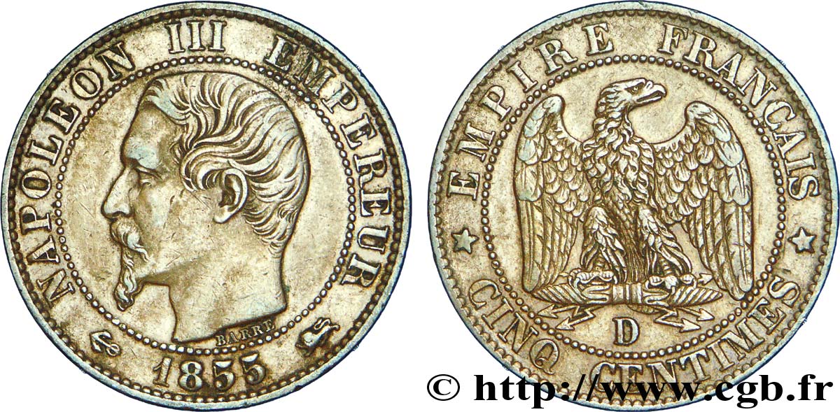 Cinq centimes Napoléon III, tête nue, différent ancre 1855 Lyon F.116/23 XF 