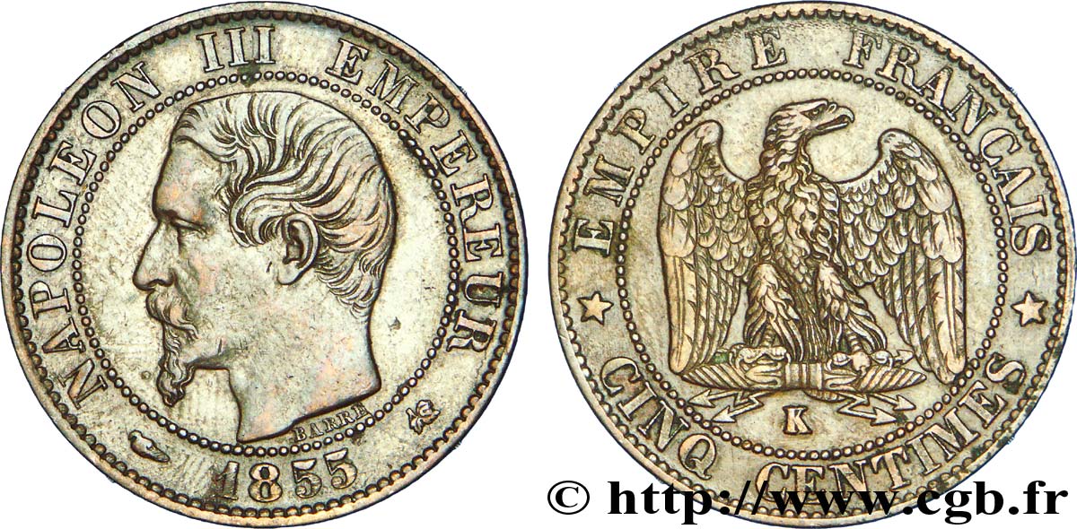 Cinq centimes Napoléon III, tête nue, différent levrette 1855 Bordeaux F.116/24 TTB 