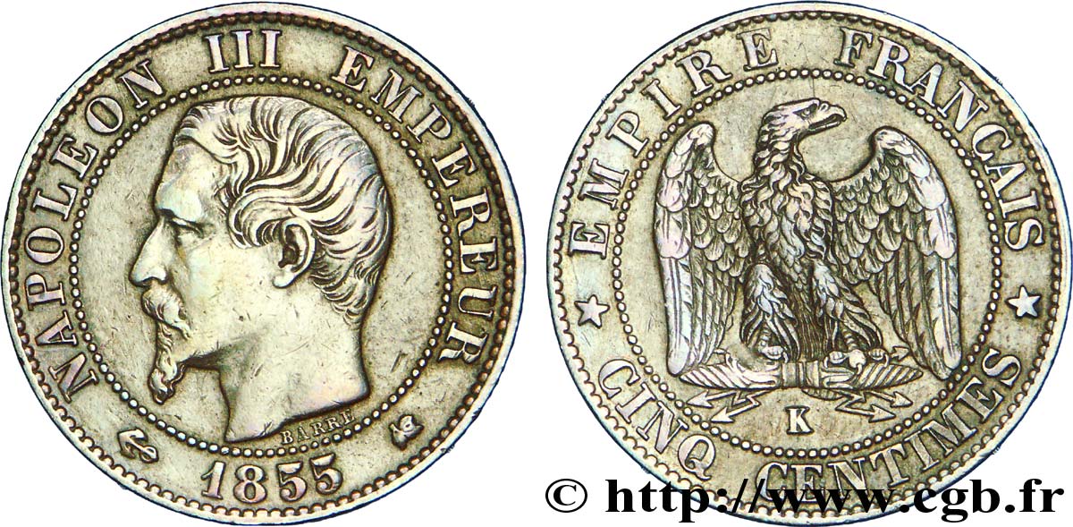Cinq centimes Napoléon III, tête nue, différent ancre 1855 Bordeaux F.116/25 XF 